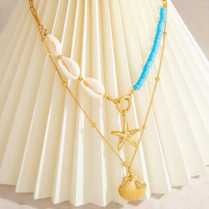 Collier superposé en alliage de zinc couleur or avec pendentif étoile coquillage, chaîne de clavicule double couche, bijou accessoire de mode - Product Image 4