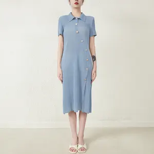 Miyake – robe plissée mi-longue à revers pour femme, en Stock, livraison rapide, été 2023