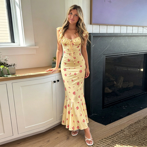 Yellow Floral Mermaid Maxi Dress for Women, Elegant Ruffle Strap Square Neck Summer Dress, For Casual Party Beach - Product Image 1