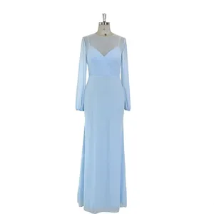 TEENYEE Customizable Elegant Plus Size Long Sleeve Long Evening Dress Sky Blue Bridesmaid Dresses For Wedding Party