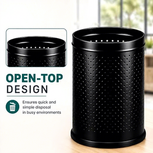 Corbeille à papier cylindrique en métal noir avec design perforé, poubelle à ouverture supérieure pour bureau intérieur - Product Image 3