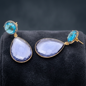 Nouvelles boucles d'oreilles pendantes en quartz saphir bleu topaze, tendance, plaquées or 24 carats, argent sterling - Product Image 2