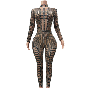 Combinaisons moulantes sexy à imprimé rayé et strass pour femmes, tenue respirante de printemps, tenue de soirée, body pour la scène, danseuse - Product Image 1
