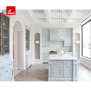 Mobili da Cucina AllandCabinet in Stile <span class=keywords><strong>Laccato</strong></span> Azzurro con 2 Ante a Incasso PAC, Piano di Lavoro <span class=keywords><strong>Bianco</strong></span> e Ante in Vetro Marrone - Product Image 1