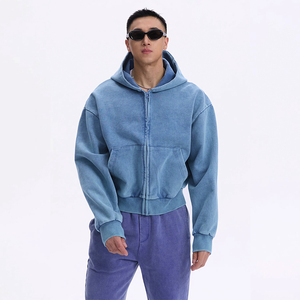 เสื้อฮู้ดซิปทรงบ็อกซี่สำหรับผู้ชาย หนัก 450 กรัม ผ้าทึบสีพื้น สไตล์วินเทจซีดจางแบบย้อมสีด้วยกรด ลุคสตรีทแวร์ ระบายอากาศได้ดี ทรงหลวม - Product Image 1