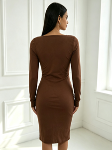 Vestido Midi Ajustado de Manga Larga para Mujer, Color Marrón, Elegante, para Oficina, Fiesta, Noche - Product Image 2