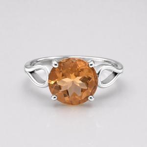 Bague de fiançailles de luxe en argent sterling 925 avec citrine, solitaire rond facetté serti à quatre griffes - Product Image 5