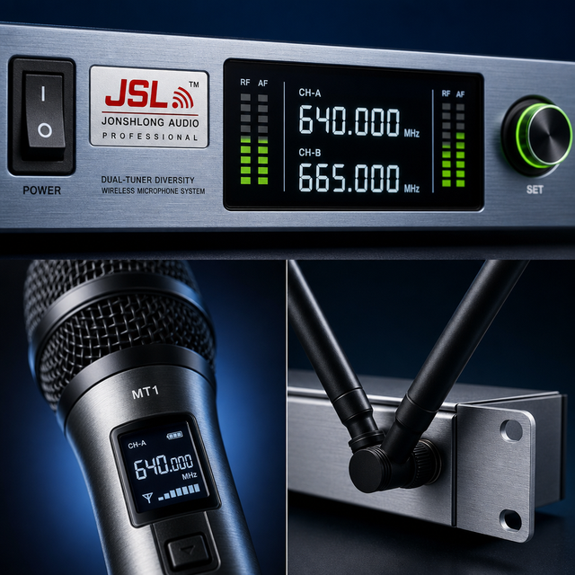 JSL Dual Tuner Diversity Wireless Microphone System 200 Channels Handheld Mic 530-690MHz 100m Rack Receiver