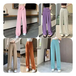 2023 Fabriek Groothandel Mode Hoge Taille Effen Kleur Kantoor Dames Casual Broek Casual Vrouwen Wijde Pijpen Flare Lange Broek