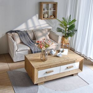 Table basse en bois massif, style rustique moderne, personnalisable, portable, avec tiroirs blancs pour le salon - Product Image 3