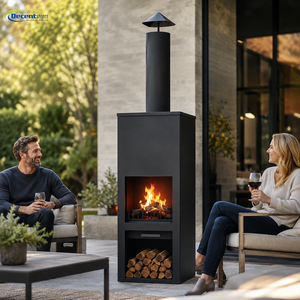 Moderna Chimenea Rettangolare in Metallo Nero con Camino Alto <span class=keywords><strong>e</strong></span> Vano Porta Legna per Esterni, Giardino <span class=keywords><strong>e</strong></span> Cortile - Braciere in Ferro - Product Image 1