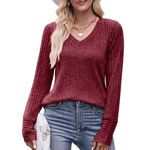 2023 otoño nueva moda Simple Top Ground Wool Pit Strip cuello en V Color sólido mujeres cómoda Camiseta de manga larga - Product Image 6