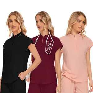 Summer Breathable Women Stand Collar Custom Logo Short Sleeve Nurse 2 Piece Suit Pink Black Color Plus Size Scrubs Uniforms Sets