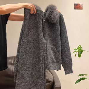 Women's Knitted Zipper Hooded <b>Cardigan</b> With Fur Collar Grey Sweater Set Relaxed Fit Autumn Winter Wear - Product Image 1