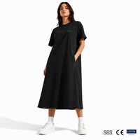 Robe midi en coton lavé doux pour femme, col rond, manches courtes, coupe droite, poches, 200 GSM, minimaliste, respirante, écologique, décontractée, XS-5X