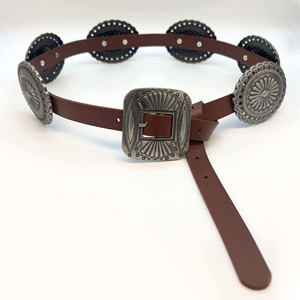 Sabuk Pinggang Wanita PU dengan Hiasan Concho Perak Antik Bermotif Bunga, Gesper Persegi dari Paduan Logam, Sabuk Retro Boho untuk Gaya Kasual Barat - Product Image 5