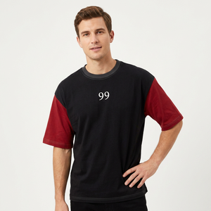 Men's Black Red Contrast Sleeve T-Shirt With 99 Print And Artistic Back Design Casual O-Neck Short Sleeve Jersey Cotton Tee - Product Image 3