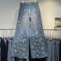 Ensemble 2 pièces de luxe pour femme : veste en jean à manches longues imprimée de sequins et pantalon large – Collection Boutique Streetwear