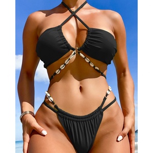 ชุดว่ายน้ำบิกินี่ผู้หญิงแบบเซ็กซี่ใหม่ปี 2024 ประดับคริสตัล ชุดสองชิ้น ทรงเอวสูง บราดันทรง สีพื้น สายรัดลายเปลือกหอย - Product Image 5