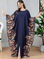 Robe longue ample imprimée à manches chauve-souris grande taille, style bohème décontracté, vêtement islamique en polyester, vente en gros personnalisée