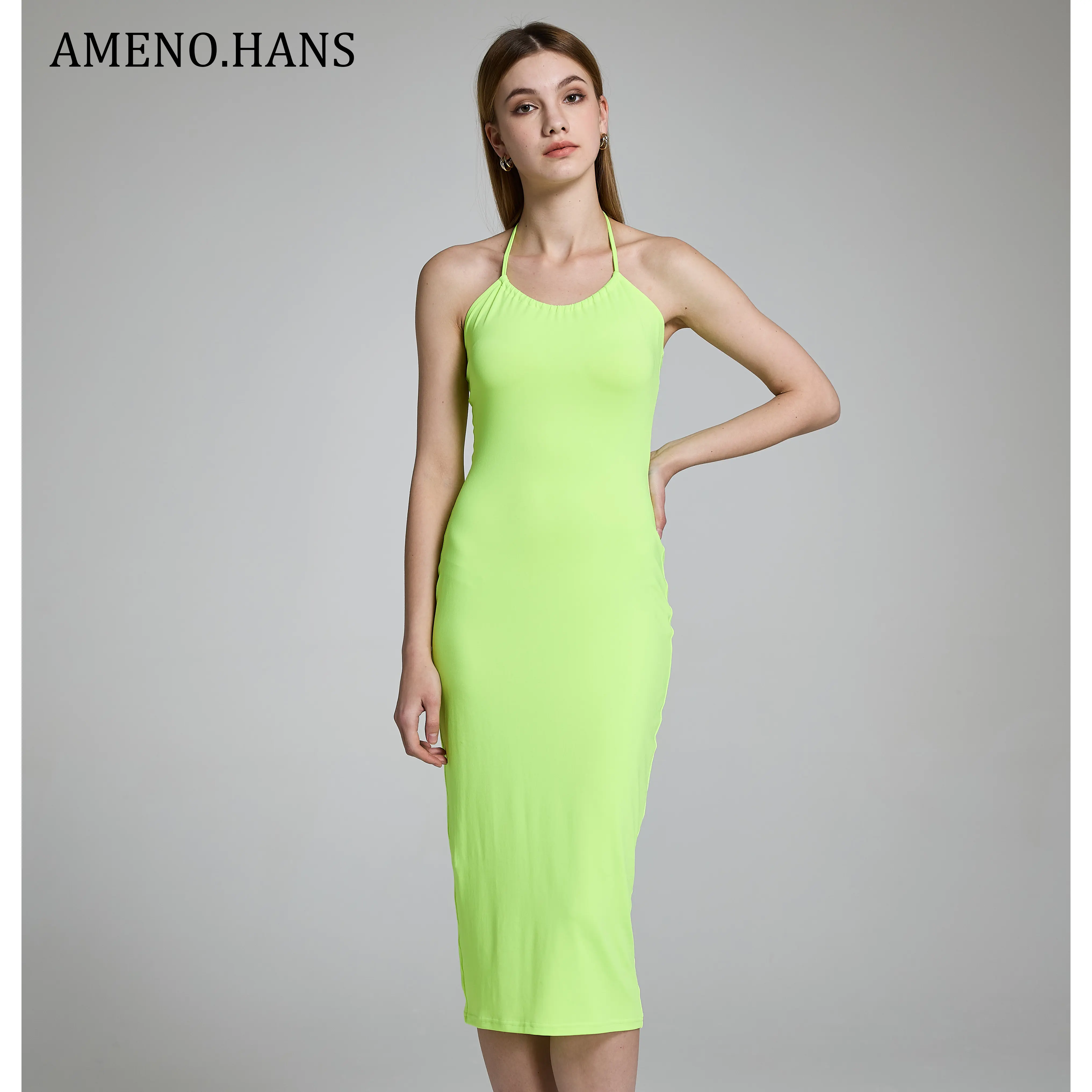 Hot Selling Wholesale Midi Knitted Halter Women Hign Waist Backless Fluorescent Green Sexy Straight Dresses