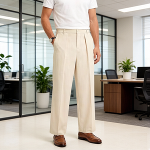 Pantaloni Eleganti <span class=keywords><strong>Casual</strong></span> da <span class=keywords><strong>Uomo</strong></span> Personalizzati OEM, Vestibilità Ampia, Stile Vintage in Viscosa, Gamba Larga con Pieghe, Pantaloni Formali da Completo - Product Image 3