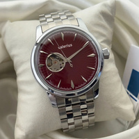 Jam Tangan Otomatis Valerius Men, Dial Burgundy Sunburst Open Heart Skeleton, Gelang Baja Tahan Karat