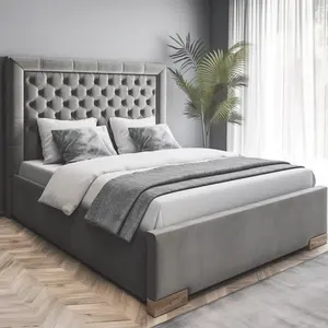Customized New Dark Grey Velvet Fabric Luxury Design King Size Queen Upholstered Bunk Bed Frame Bedroom With Tufted Headboard
