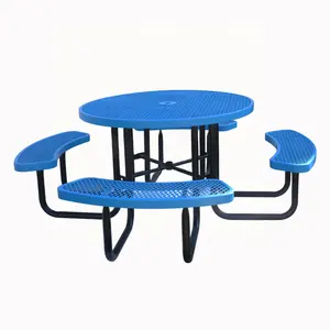 Outdoor Furniture Expanded Metal 6ft 8ft Long Commercial Picnic Dining Table With Bench Restaurant Outside Steel Mesh Cafe Table