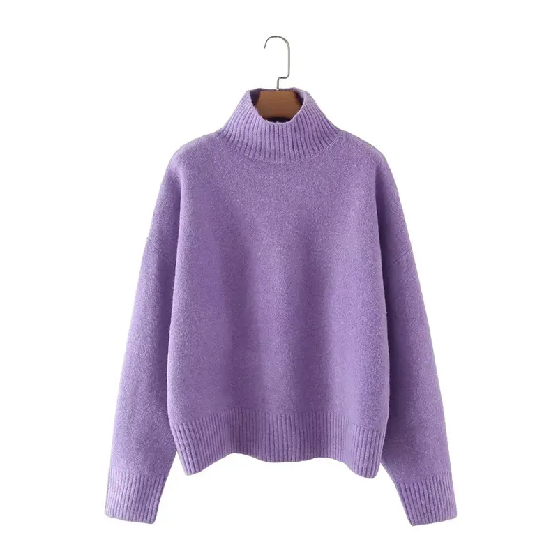 Ladies Autumn Winter Solid Knitted Sweater 2022 Fashion Turtleneck Pullover Purple Tops Long Sleeve Casual Streetwear