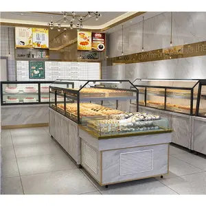 Lüks özelleştirilmiş temperli cam Modern mermer ahşap tarzı ekmek dükkanı vitrin tasarımı
