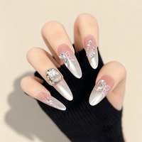Ongles à presser personnalisés en forme de papillon français avec strass, longs, elliptiques, dégradé rose et blanc, pailletés, réutilisables, en gel souple, pour doigts, en ABS