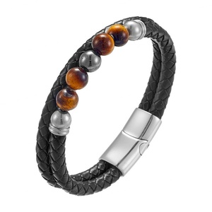 Bracelet de mode pour homme en acier inoxydable de haute qualité, vente en gros, corde en cuir avec pierre œil de tigre - Product Image 3