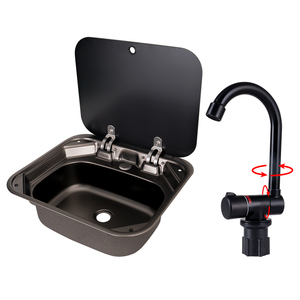 Évier <span class=keywords><strong>pour</strong></span> <span class=keywords><strong>camping</strong></span>-<span class=keywords><strong>car</strong></span>, caravane, bateau, cuisine, en acier inoxydable gris foncé avec couvercle en verre trempé et robinet pliable - Product Image 1
