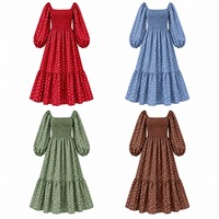 Nouvelle robe mi-longue décontractée pour femme, rouge à pois, col carré, manches longues, corsage smocké, jupe étagée en A