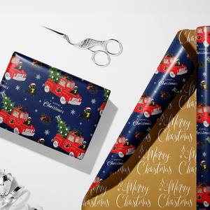 Papel de Regalo Navideño Dorado y Verde con Diseño de Árbol de Navidad, Camión y Gato, Doble Cara, Estilo Moderno, 26 Unidades - Product Image 3