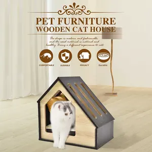 Furnitur rumah kucing kayu dalam ruangan, sarang anjing peliharaan kayu luar ruangan rumah gua kucing hangat