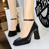 Sepatu Guli Square Toe One-Strap Mary Jane Hak Tipis Gesper Sutra Slip-On Platform Hak Sedang Musim Semi Musim Panas Musim Gugur Tren Fashion Karet