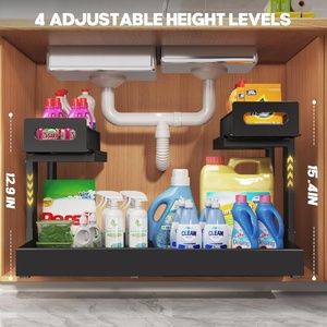 Organisateur de rangement <span class=keywords><strong>sous</strong></span> évier extensible à 2 niveaux, tiroirs réglables en hauteur avec glissières à billes améliorées - Product Image 4