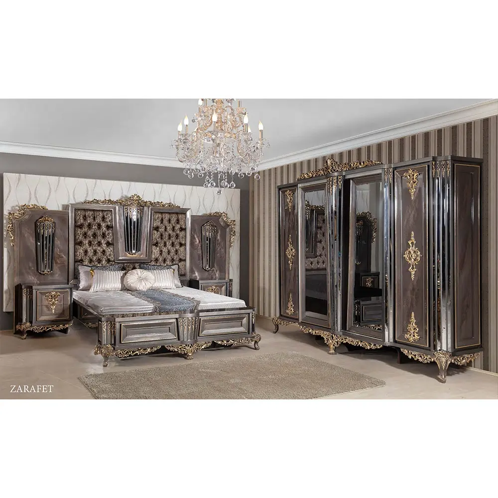 Turkish Middle East Eastern Luxury Antique Royal Hand Carved Bed Room Furniture Set Black White Gold African American