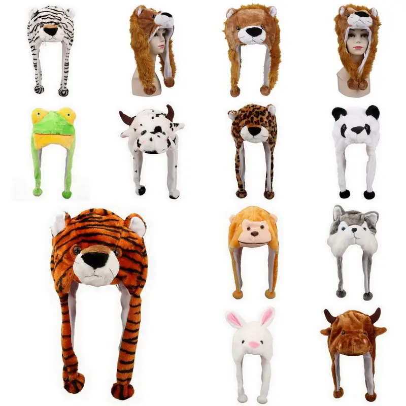 adult winter warm hat kids plush Panda Monkey Tiger Leopard Frog Wolf Lion Cow bunny hat earflap hood scarf animal hat