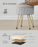 Tabouret de maquillage en velours avec 4 pieds en métal pour chambre, salon, petit tabouret ottoman avec rangement