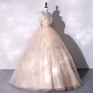 Champagne Strapless Ball Gown Embroidered Organza Floral Print Empire Waistline Evening Dress For Banquet Hostess Party - Product Image 3