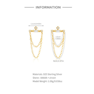 CANNER Trendy 18K Gold Plated 925 <b>Sterling</b> <b>Silver</b> <b>Stud</b> Earrings with Double Layer Chain Tassel and Elegant Zircon - Product Image 5