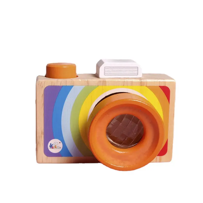 Wooden Mini Baby Camera Toy Rainbow Color with Multi-Prisms Lens for Toddlers and Kids, Wood Pretend Play Camera Toy