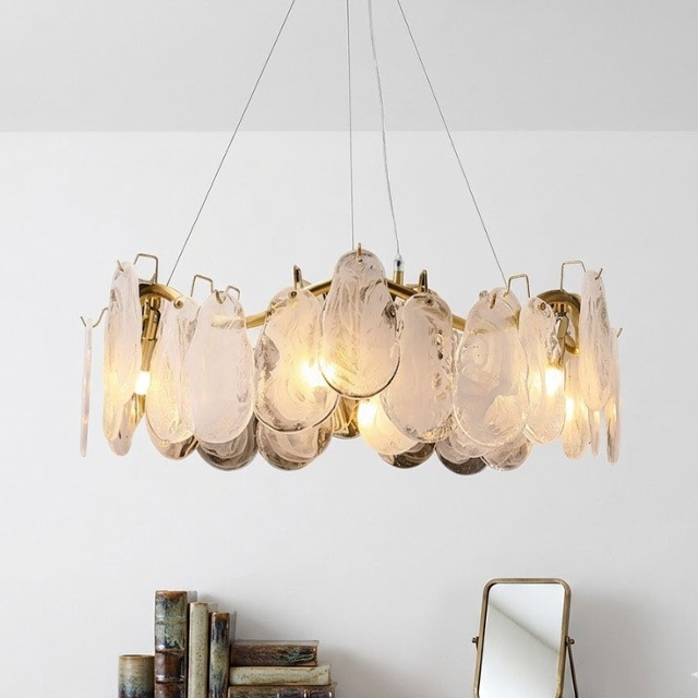 Luxury Long Adjustable Height Glass Ring LED Chandelier for Villa Home Living Room Dining Room