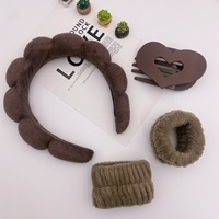 Ensemble de bandeaux de spa en peluche antidérapants écologiques couleur thé au lait, motif nuage de bulles, pour le maquillage + 2 bracelets + pince à cheveux cœur