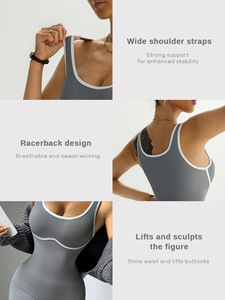 Mono de yoga acanalado sin costuras con logo personalizado, top corto ajustado, body liso a prueba de golpes para <span class=keywords><strong>mujer</strong></span>, mono de fitness para correr, OEM - Product Image 2