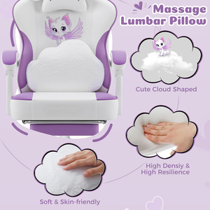 Silla Gamer Económica con Diseño de Gato Adorable y Función de Masaje - Silla Ergonómica de Cuero PU Lila y Blanco para Chicas Adolescentes - Product Image 3