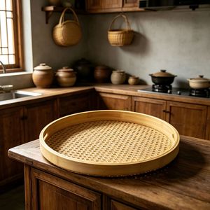 Plateau tissé en rotin de bambou naturel, style nordique, plateau à fruits et à pain, plateau de service domestique pour le rangement sur le bureau à la maison - Product Image 2